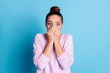 Photo of astonished speechless voiceless girl close cover face hands impressed crazy incredible long wait want gift wear violet pullover isolated over blue color background