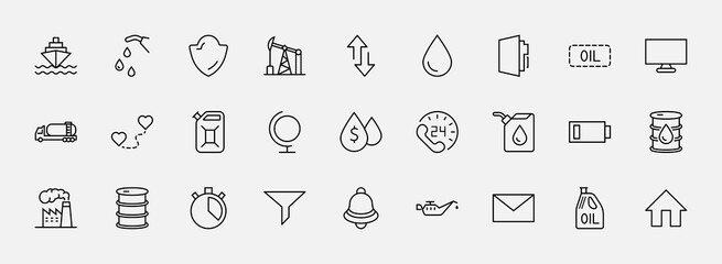 Set of Oil Related Vector Line Icons. Contains such Icons as Fuel Truck, Gas Station, Oil Factory, Transportation and more. Editable Stroke. 32x32 Pixels