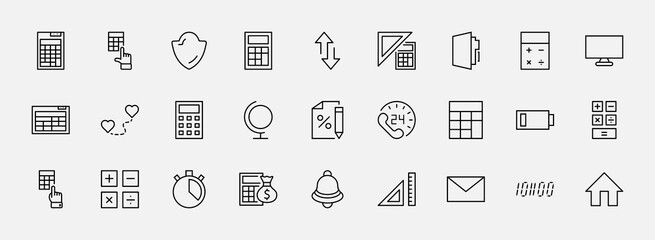Set of Calculation Vector Line Icons. Contains such Icons as Calculator Icon, Pencil, Click, Money Bag, Percent symbol, Square and Ruler. Editable Stroke. 32x32 Pixels