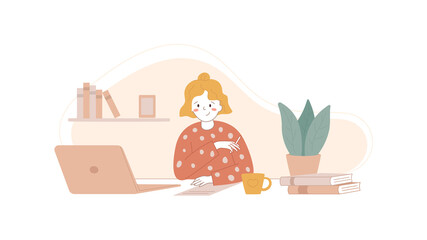 Online learning concept vector illustration. Happy girl watching webinar. Distance education using laptop. Female looking at computer screen. Video calling, chat with skype tutor. Home work place