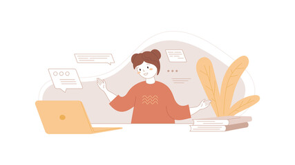 Online learning concept. Happy girl talking on video with the teacher. Distance education using laptop. Remote communication. Web calling, chat with skype, zoom tutor. Home work place. Vector picture