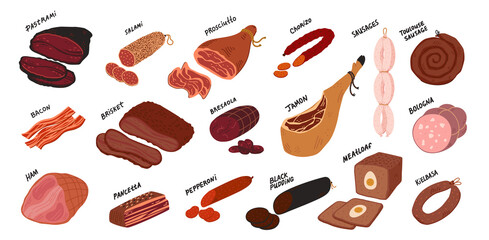 Meat Delicatessen set. Sausages and meat deli delicatessen from all over the world