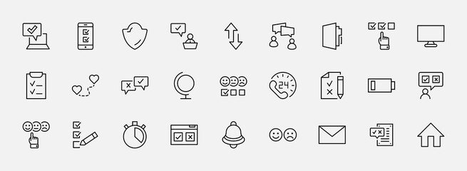Set of Survey Related Vector Line Icons. Contains such Icons as Smile, Sad, Review, Click, Check, Customer Opinion, Web Survey and more. Editable Stroke. 32x32 Pixels