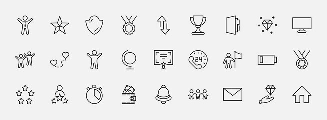 Set of Success Related Vector Line Icon. Contains such Icons as Cup, Ribbon, Star, Winner, Reward and more.Editable Stroke. 32x32 Pixels