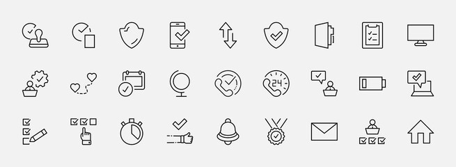 Set Approve Vector Line Icons. Contains such Icons as Quality Check, Protection Guarantee, Accepted Document and more. Editable Stroke. 32x32 Pixels
