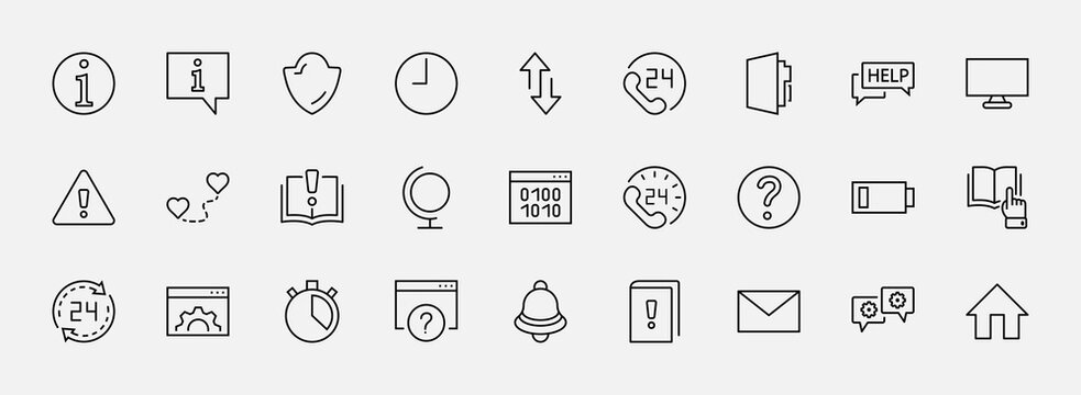 Set of Help And Support Vector Line Icons. Contains such Icons as Handbook, Book, Online Help, Tech Support and more. Editable Stroke. 32x32 Pixels