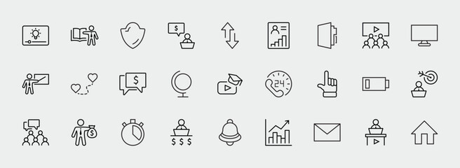 Set of Business Training Related Vector Line Icons. Contains such Icons as Teacher, Class, Presentation, Video, Book, Mentoring, Target and more. Editable Stroke. 32x32 Pixels.
