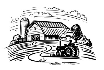 farm with trees and tractor harvesting hay  © bioraven