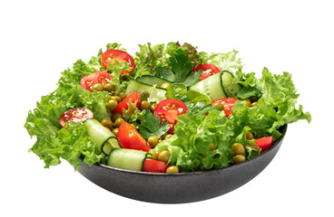 Vegetable salad in a bowl isolated on a white background. Salad of lettuce, cucumber and tomato.