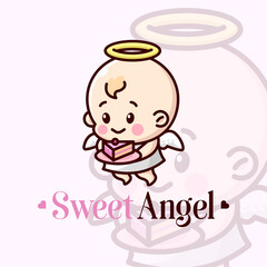 CUTE BABY ANGEL BRING A PIECE OF CAKE CARTOON MASCOT
