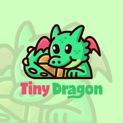 CUTE GREEN DRAGON SLEEPING WITH A TREASURE BOX CARTOON LOGO