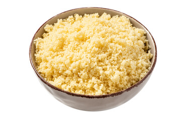Cooked couscous in a bowl isolated on white background.