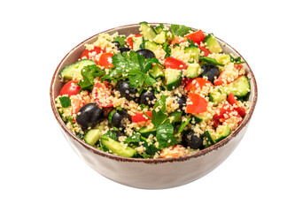 Salad of couscous and vegetables in a bowl isolated on a white background. Tabbouleh of couscous, tomatoes, cucumbers, parsley and olives. Arabic or African cuisine.