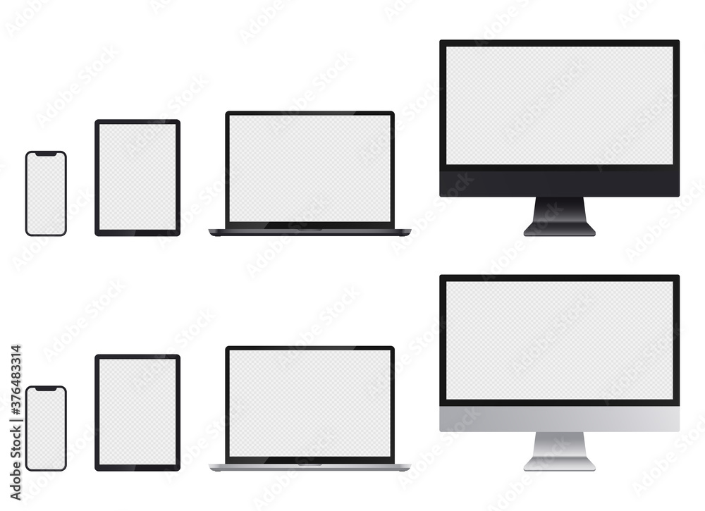 Poster realistic set of computer monitor, laptop, tablet and smartphone with transparent screens for infogr