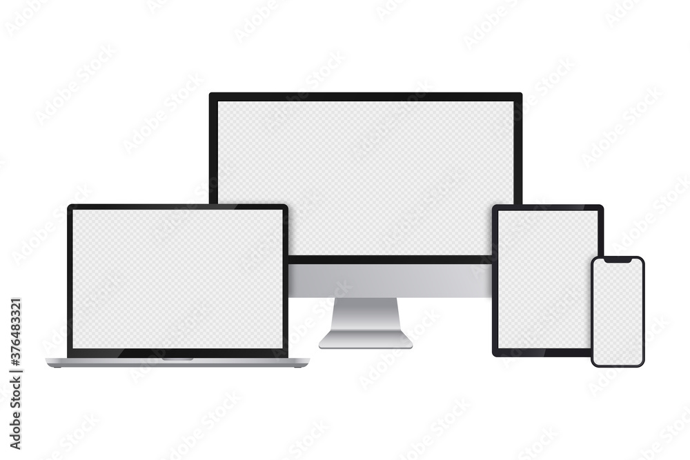 Poster Realistic set of computer monitor, laptop, tablet and smartphone with transparent screens for infographics or presentation. Device collection mockup, electronic gadgets in silver color. Vector