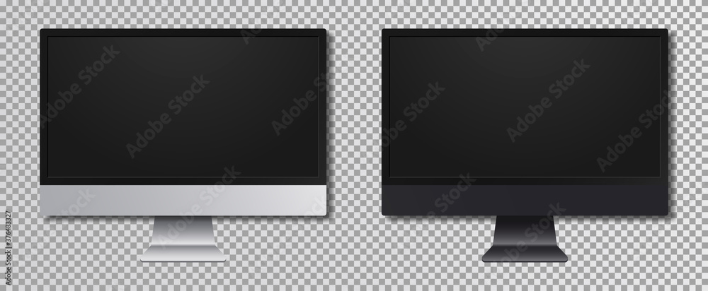 Poster Realistic computer monitor screen. Computer display at transparent background. Device mockup set for infographics or presentation in silver and dark grey with shadow. Vector.