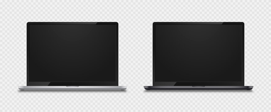 Realistic frameless laptops screen. Laptop computer monitor at transparent background. Device mockup set for infographics or presentation in silver and dark grey with shadow. Vector.