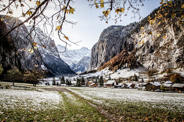 amazing touristic alpine village in winter  Lauterbrunnen  Switzerland  Europe
