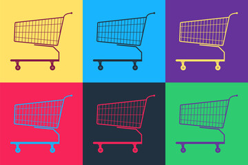 Pop art Shopping cart icon isolated on color background. Online buying concept. Delivery service sign. Supermarket basket symbol. Vector.