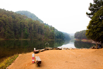 View landscape of Pang Ung lake in Pang Oung forest park or Switzerland of Thailand in authentic Chinese village Ban Rak Thai in Mae Hong Son, Thailand