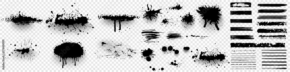 Poster ink splashes. black inked splatter dirt stain splattered spray splash with drops blots isolated. ink