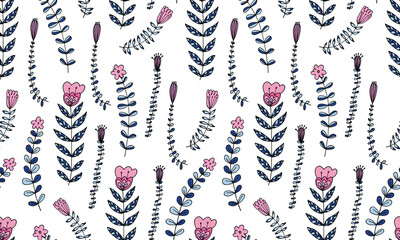 Seampless pattern with doodle flowers. Hand drawn illustration