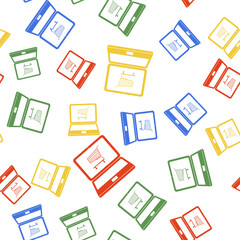 Color Online shopping concept. Shopping cart on screen laptop icon isolated seamless pattern on white background. Concept e-commerce, online business marketing. Vector.