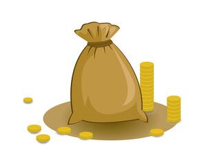 A sack of money and coins scattered about