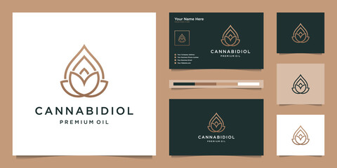 Luxury leaf and drop with line art style. premium cbd oil, marijuana, cannabis logo design and business card.