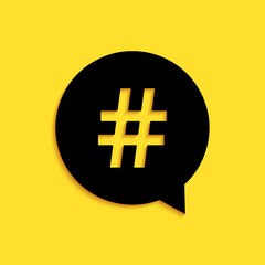 Black Hashtag in circle icon isolated on yellow background. Social media symbol, concept of number sign, social media, micro blogging pr popularity. Long shadow style. Vector.