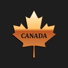 Gold Canadian maple leaf with city name Canada icon isolated on black background. Long shadow style. Vector.