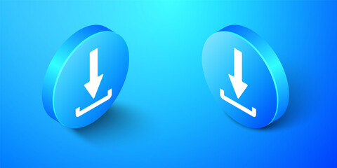 Isometric Download icon isolated on blue background. Upload button. Load symbol. Arrow point to down. Blue circle button. Vector.
