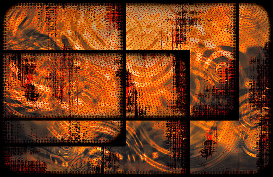 Burnt orange and black grungy abstract artwork of framed boxes with swirls and ripples