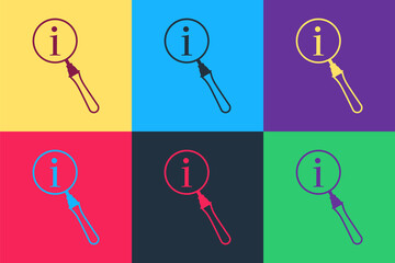 Pop art Magnifying glass and information icon isolated on color background. Search with information sign. Vector.