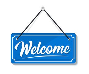 Welcome - Hanging Door Sign isolated on transparent background. Signboard Welcome. Hanging sign for door. Signboard with a rope. Business concept for opens businesses, sites and services