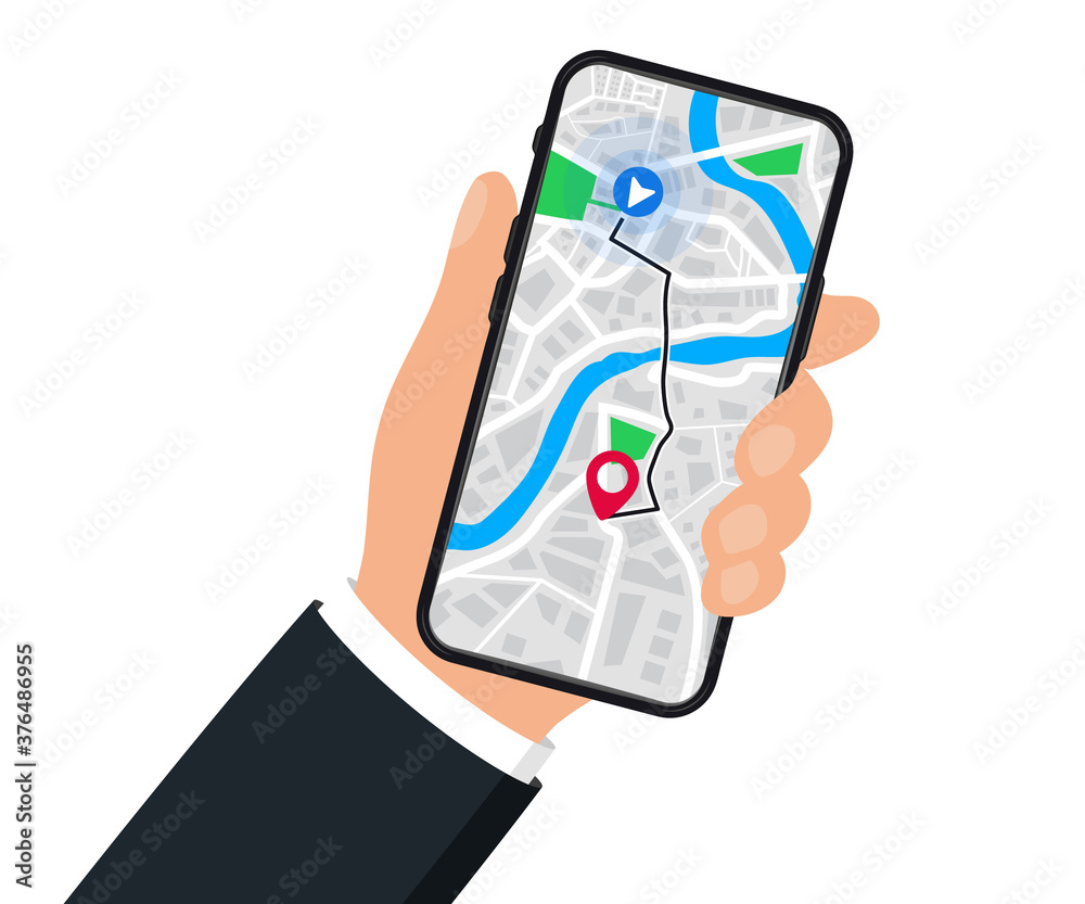 Aufkleber Hand with mobile phone with digital navigation. Map with point, GPS navigation. Mobile GPS Navigation app on touch screen smartphone for web sites, banners. World Map