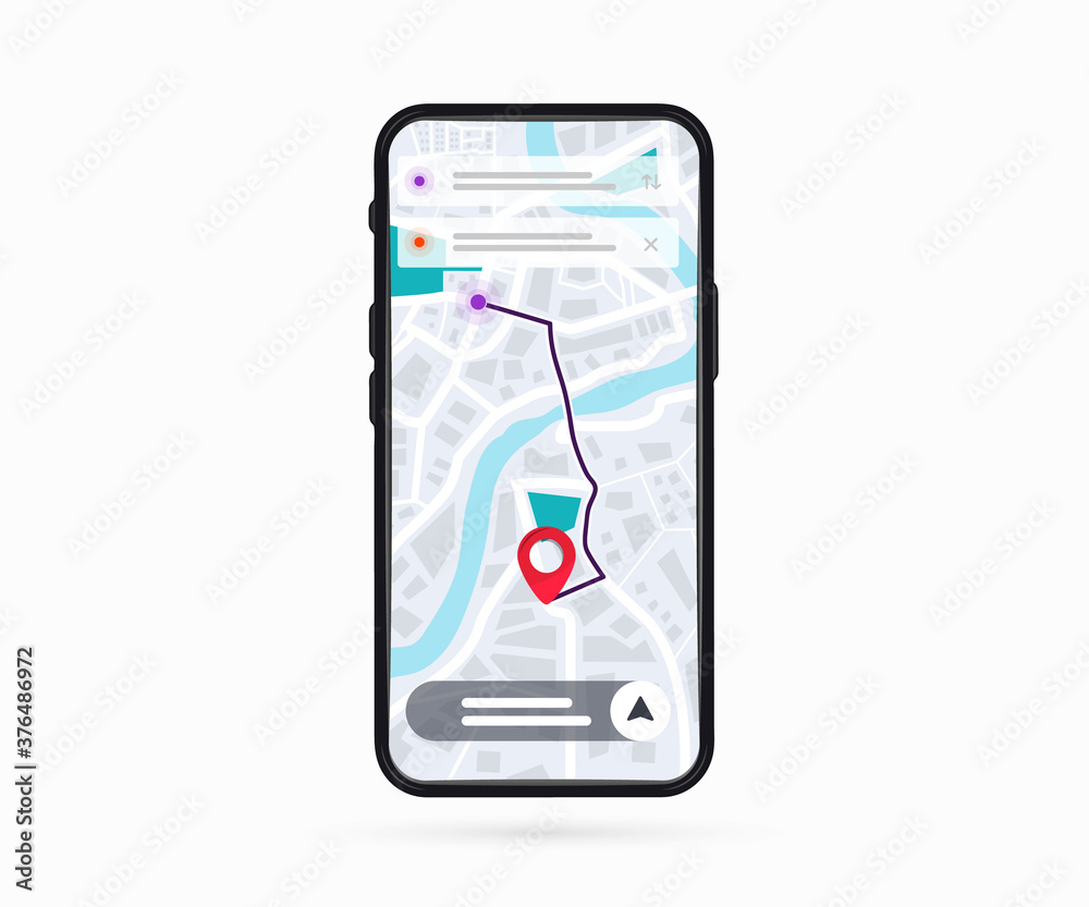 Poster Mobile phone with digital GPS Navigation. Map with point. Mobile GPS Navigation app on touch screen smartphone for websites, banners. Route map. Mobile GPS navigation and tracking concept
