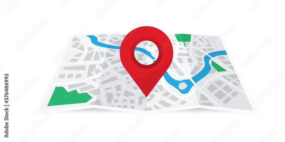 Poster Folded paper city map with red pin. Map with navigation, geolocation. Finding the way concept. World map with point marker. Map Navigation. City map with GPS navigator