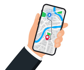 Hand with mobile phone with digital navigation. Map with point, GPS navigation. Mobile GPS Navigation app on touch screen smartphone for web sites, banners. World Map