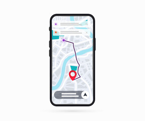 Mobile phone with digital GPS Navigation. Map with point. Mobile GPS Navigation app on touch screen smartphone for websites, banners. Route map. Mobile GPS navigation and tracking concept