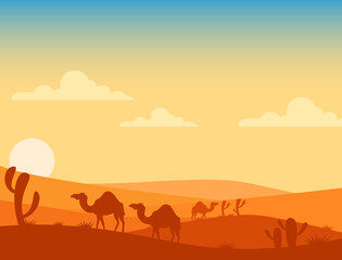 Fototapeta na wymiar Expanse of the desert and camels as mount animals of the desert