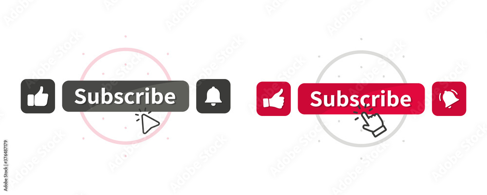 Poster Subscribe button with cursor. Buttons Like, comment and dislike. Blogging, promotion, subscribe to channel, blog. Subscribe on channel. Live video streaming Notification or Message bell icon