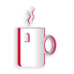 Paper cut Cup of tea with tea bag icon isolated on white background. Paper art style. Vector.