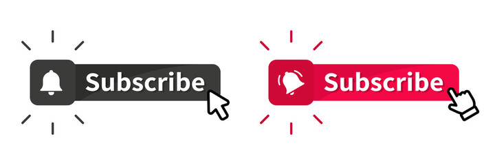 Subscribe button with cursor. Buttons Like, comment and dislike. Blogging, promotion, subscribe to channel, blog. Subscribe on channel. Live video streaming Notification or Message bell icon