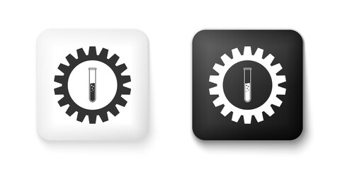 Black and white Gear and test tube icon isolated on white background. Cogwheel and flask sign. Experiment laboratory glass chemical research symbol. Square button. Vector.