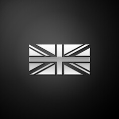Silver Flag of Great Britain icon isolated on black background. UK flag sign. Official United Kingdom flag sign. British symbol. Long shadow style. Vector.