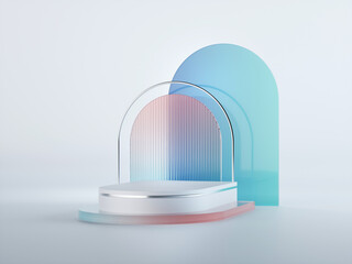 3d render, abstract geometrical background with pink blue translucent glass arches. Modern minimal showcase mockup. Vacant pedestal, empty podium, stage platform for commercial product displaying - obrazy, fototapety, plakaty