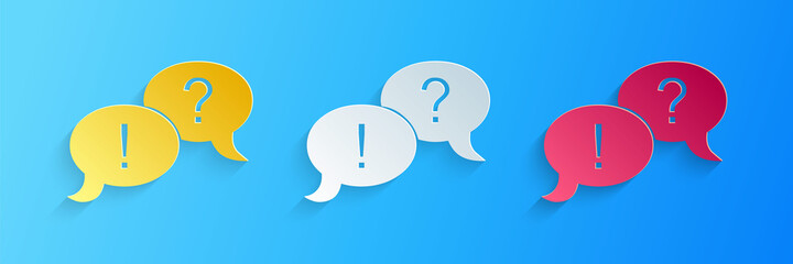 Paper cut Speech bubbles with Question and Exclamation marks icon isolated on blue background. FAQ sign. Copy files, chat speech bubble. Paper art style. Vector.