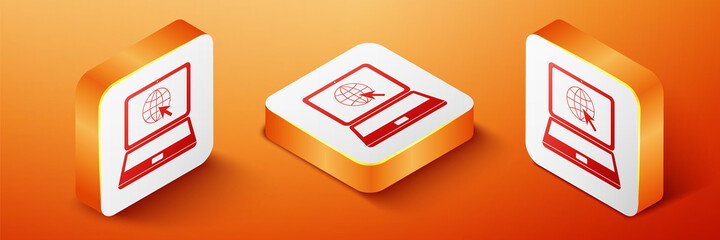 Isometric Website on laptop screen icon isolated on orange background. Laptop with globe and cursor. World wide web symbol. Orange square button. Vector.
