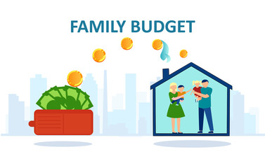 Vector of a happy family inside a house and money being transferred from wallet